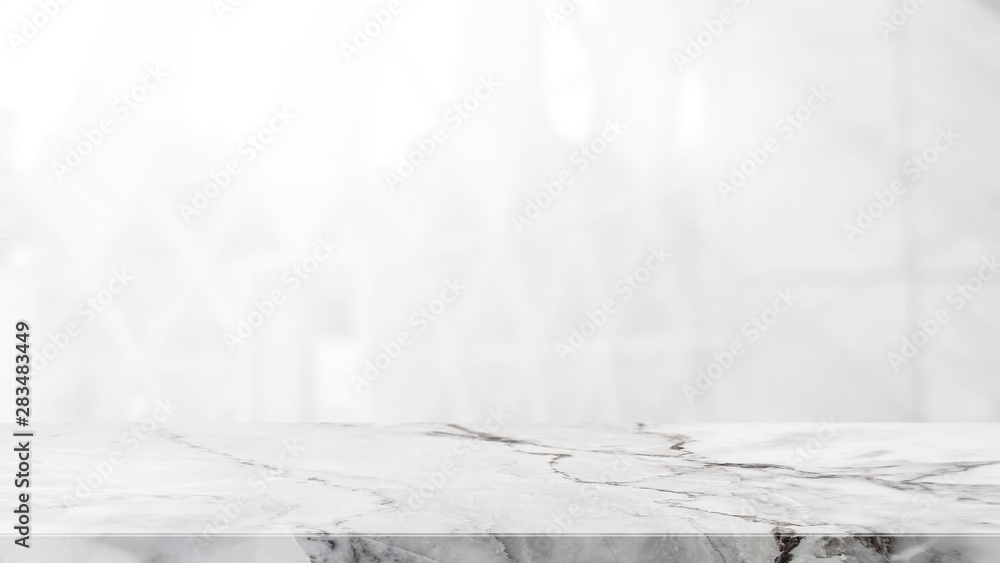 Empty white stone marble table top and blurred abstract interior from ...