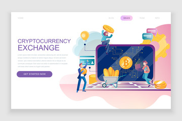 Wall Mural - modern flat web page design template concept of cryptocurrency exchange decorated people character f