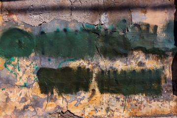 Wall Mural - Old dirty, cracked wall with abstract spray paint texture background. Shaded graffiti tag on an old abstract wall. Stains of dark paint with drips on the surface