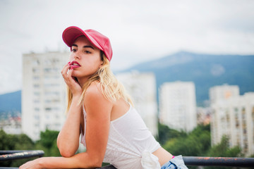 Portrait of stylish blonde woman outdoor