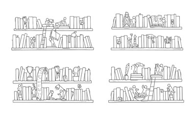 Wall Mural - Set sketch of people teamwork, books,