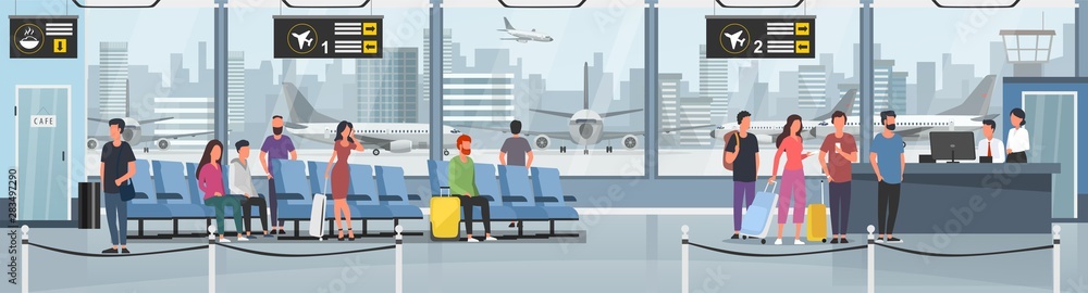 Modern international airport vector illustration. Passengers with luggage in arrival waiting room or departure lounge with chairs, information panels. Terminal hall with big window flat style concept - obrazy, fototapety, plakaty 