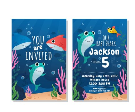 Wall Mural - Baby shark party invitation card. Kids birthday party vector illustration. Joyful invitation to birthday of little child in marine underwater design flat style concept