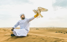Arabic Man With Traditional Emirates Clothes Walking In The Desert With His Falcon Bird