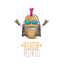 Vector Funny Cartoon Cute Brown Punk Rock Star Potato Character With Iroquois Isolated On White Background. My Name Is Potato Vector Concept. Rock N Rock Hipster Vegetable Funky Character