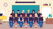 Class group portrait. Classmates, student in classroom. Teenagers in school uniform photo for memory. Education cartoon vector concept. Together classmate photo memory, students classroom illustration