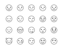 Emotions Flat Line Icons Set. Happy Face, Sad, Anger, Smile, Facial Expression Emoticon Vector Illustrations. Outline Signs For Customer Experience Feedback. Pixel Perfect 64x64. Editable Strokes