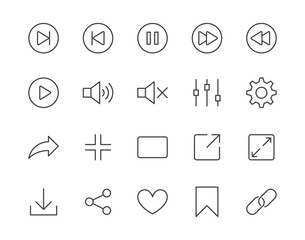 Media player simple flat line icons set. Play button, expand, full screen, download, sound, bookmark vector illustrations. Outline signs for multimedia interface. Pixel perfect 64x64. Editable Stroke