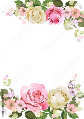 Wedding invitation with bouquet of pink, white roses: flowers, spring blossom...