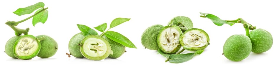 Green walnuts isolated on white background