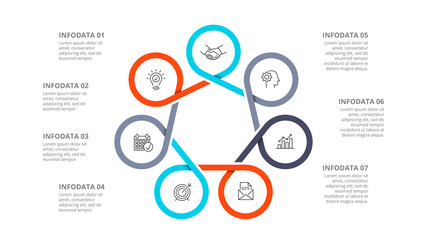 Cyclic diagram infographic with circles. Modern infographic design template with 7 options, steps or parts. Flat vector illustration for business presentation.