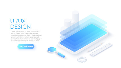 Wall Mural - ux / ui isometric design concept with smartphone. landing page template. mobile app or website wiref