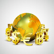 world currency symbols moving around 3d golden world, vector illustration