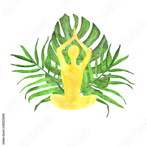 watercolor composition bouquet of a silhouette of a man practicing yoga and t...