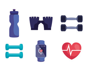 Poster - set of water bottle with gloves and dumbbells with smartwatch and heartbeat