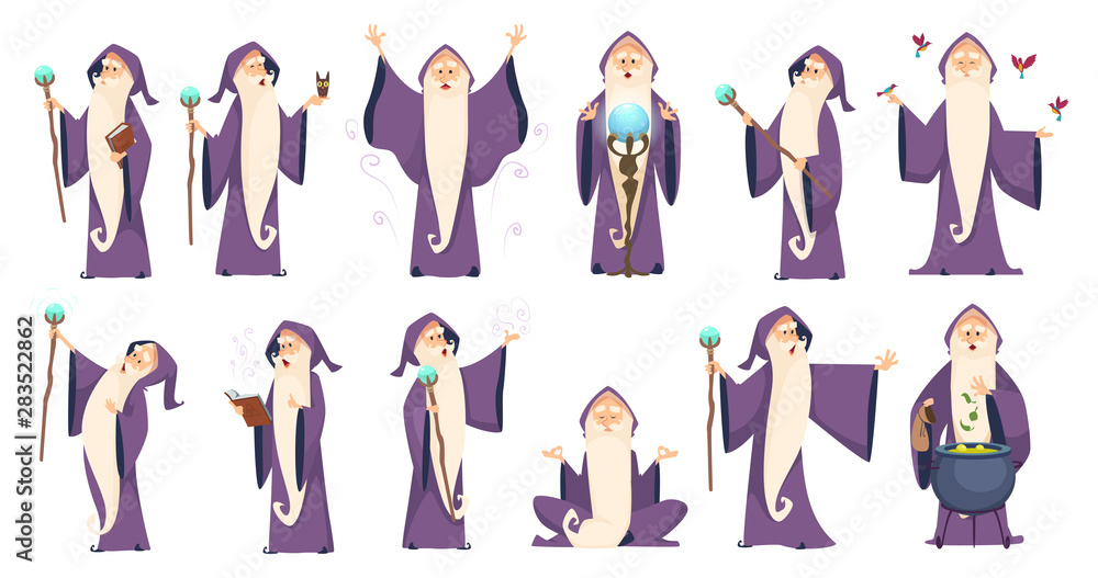 Wizard. Mysterious male magician in robe spelling oldster merlin vector cartoon characters. Sorcerer character in costume, spell magician, witchcraft and magical illustration - obrazy, fototapety, plakaty 