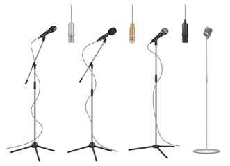 Wall Mural - Mic stand. Realistic music microphones sound studio professional equipment vector pictures collection. Mic audio for studio, stand microphone to concert illustration