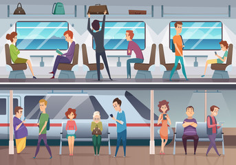 Sticker - Subway. People waiting train in urban metro underground platform vector background. Train in metropolitan with passenger, commuter inside illustration