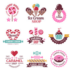 Wall Mural - Sweets logo. Badges for candy shop confectionery company lollipop cakes and donuts vector collection. Illustration of confectionery emblem and logo, badge company candy