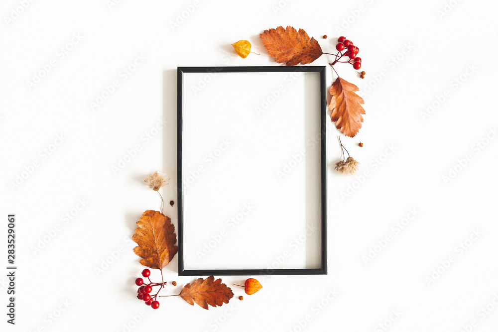 Autumn composition. Photo frame, flowers, leaves on white background ...