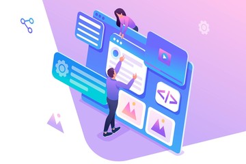 isometric concept young people are engaged in web design, website page development. concept for web 