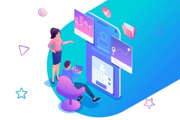 Wall Mural - isometric concept young people are engaged in testing the mobile application, the work of the progra