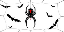 Spider Black Widow, Cobweb, Bats. Red Black Spider 3D, Spiderweb, Isolated White Background. Scary Halloween Decoration Web. Symbol Networking, Animal Arachnid, Creepy Insect Fear. Vector Illustration