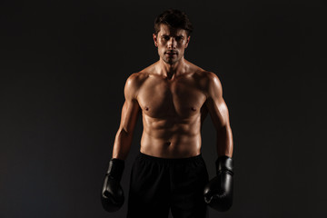 Sticker - Concentrated strong handsome young sportsman boxer in gloves posing isolated over black wall background.