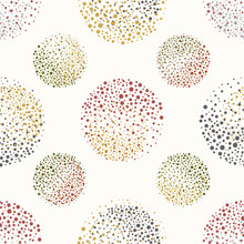 Abstract Spatter Paint Effect Circles In Blue, Orange, Gold And Green. Seamless Vector Pattern On Cream Background. Great For Autumn, Travel Products, Stationery, Fashion, Giftwrap, Concept