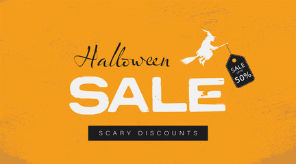 Vintage halloween sale vector banner template with witch flying on broomstick. Special offers, discounts, deals, seasonal clearance advertisement and promotion.