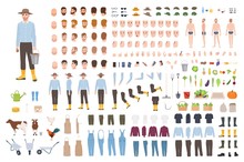 Garden Or Farm Worker Creation Set Or Constructor Kit. Bundle Of Male Character Body Parts, Clothes, Emotions, Working Tools, Livestock Isolated On White Background. Flat Cartoon Vector Illustration.