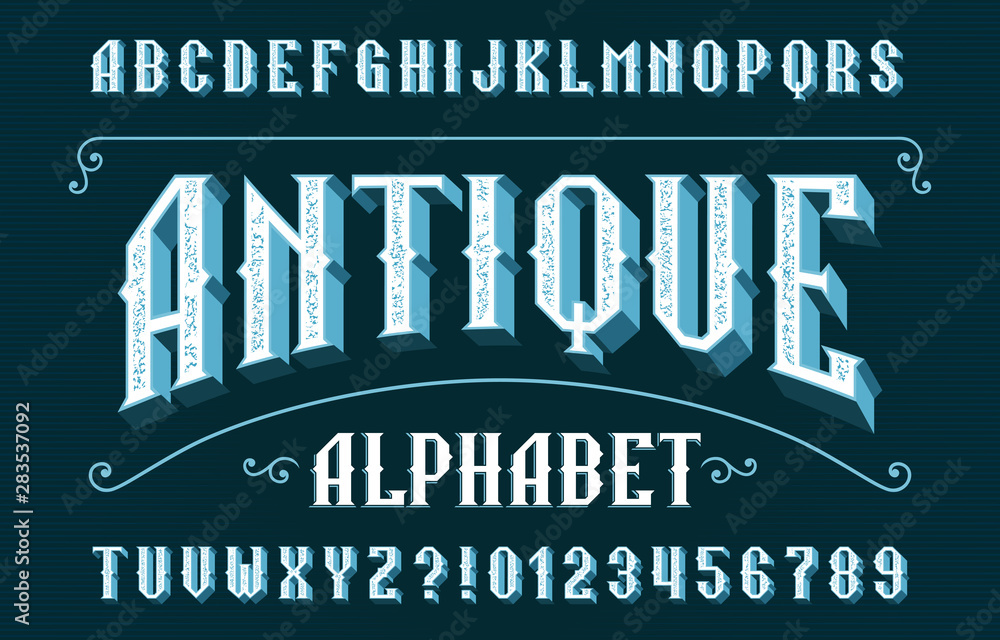 Antique alphabet font. 3D scratched letters and numbers. Vector ...