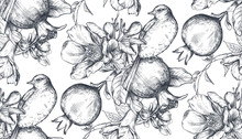 Vector Seamless Pattern With Pomegranate Fruits, Flowers, Branches And Birds.