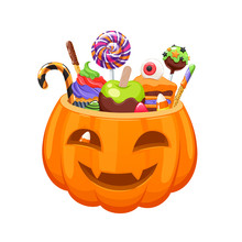 Pumpkin Bucket With Halloween Sweets And Candies.