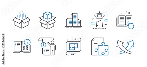 Set of Industrial icons, such as Technical documentation, Instruction info, Buildings, Open box, Packing boxes, Lighthouse, Manual doc, Architectural plan, Strategy, Intersection arrows Tableau sur Toile