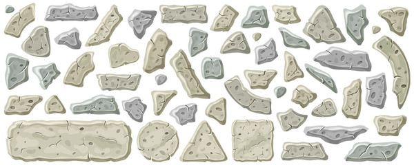 Set of old gray stones. Vector rocks for computer games isolated on white background.