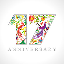 17 Years Old Logotype. 17 Th Anniversary Numbers. Decorative Symbol. Age Congrats With Peacock Birds. Isolated Abstract Graphic Design Template. Royal Coloured Digits. Up To 17% Percent Off Discount.