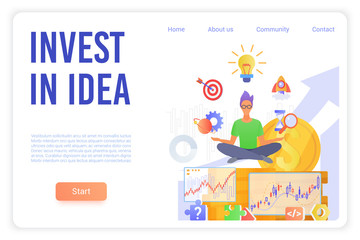 Wall Mural - Invest in idea landing page vector template. Business school website homepage interface layout with flat vector illustrations. Stock market trading, project management web banner cartoon concept