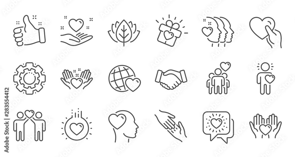 Friendship and love line icons. Interaction, Mutual understanding and assistance business. Trust handshake, social responsibility icons. Linear set. Quality line set. Vector - obrazy, fototapety, plakaty 