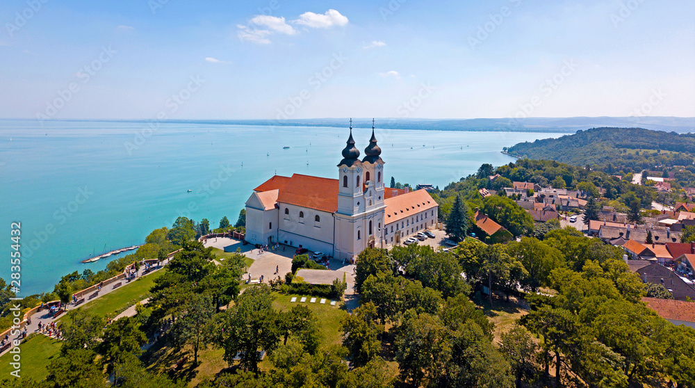 Aerial view of the Tihany Abbey at Lake Balaton - obrazy, fototapety, plakaty 