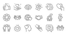 Friendship And Love Line Icons. Interaction, Mutual Understanding And Assistance Business. Trust Handshake, Social Responsibility Icons. Linear Set. Quality Line Set. Vector
