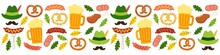Cute Octoberfest Menu Background With Symbols As Beer, Sausage, Pretzel, Green German Costume Hunting Hat With Feather, Mustache And Oak Leaves Isolated On White