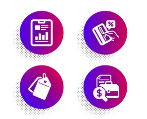 Wall Mural - Report document, Sale tags and Credit card icons simple set. Halftone dots button. Accounting report sign. Page with charts, Discount labels, Loan percent. Financial case. Finance set. Vector