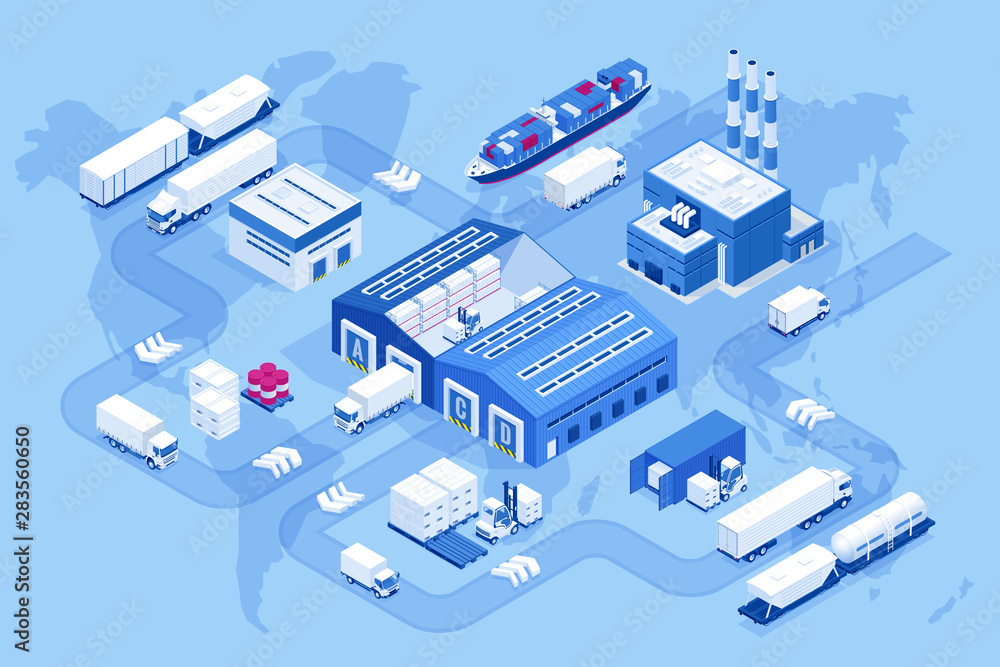 Isometric global logistics network. Air cargo, rail transportation, maritime shipping, warehouse, container ship, city skyline on the world map.