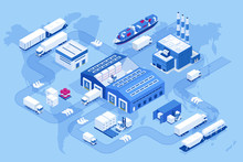 Isometric Global Logistics Network. Air Cargo, Rail Transportation, Maritime Shipping, Warehouse, Container Ship, City Skyline On The World Map.