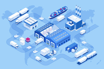 isometric global logistics network. air cargo, rail transportation, maritime shipping, warehouse, co
