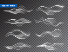 Realistic Wind Set On Transparent Background. Vector Vapor In Air, Smoke Steam Flow. Fog, Mist Effect.