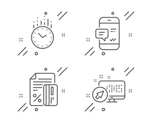 Time, Credit card and Smartphone notification line icons set. Web system sign. Clock, Loan percent, Chat message. Computer. Technology set. Line time outline icon. Vector