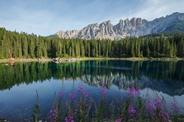 view over the Karer See to the mountain range Latemar