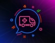 © blankstock - Ambulance emergency car line icon. Neon laser lights. Hospital transportation vehicle sign. Medical symbol. Glow laser speech bubble. Neon lights chat bubble. Vector